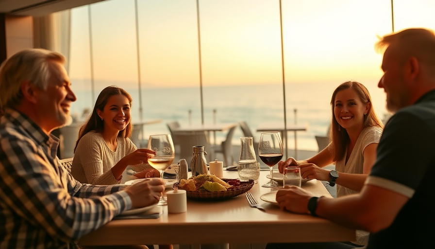 a family enjoying a meal at a hotel restaurant with a view of the ocean, warm lighting, cozy atmosphere, happy expressio