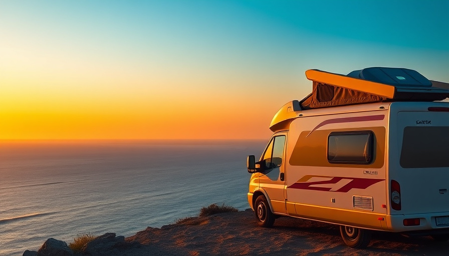 Cinematic travel photography, golden hour, a scenic view of the sea and sky at the Ga-ri 70 전망대, with a camper van parke