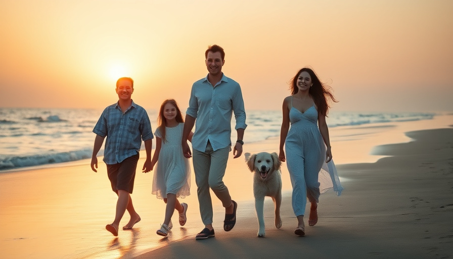 cinematic travel photography, family walking on My Khe Beach at sunset, soft golden light, calm ocean, happy expressions