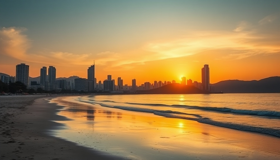 cinematic travel photography, a wide shot of the Haeundae Beach at sunset, with the city skyline in the background, gold