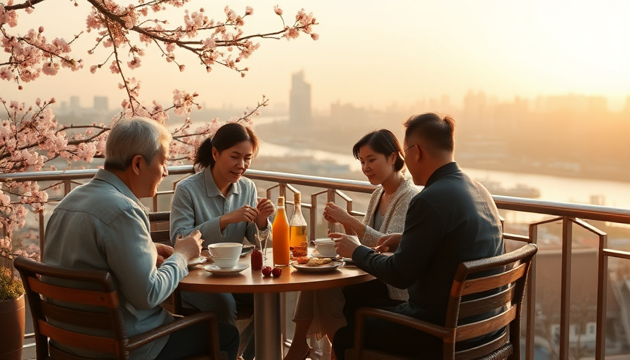 A family enjoying a meal on a balcony overlooking the Han River, with cherry blossoms in the background. Cinematic trave
