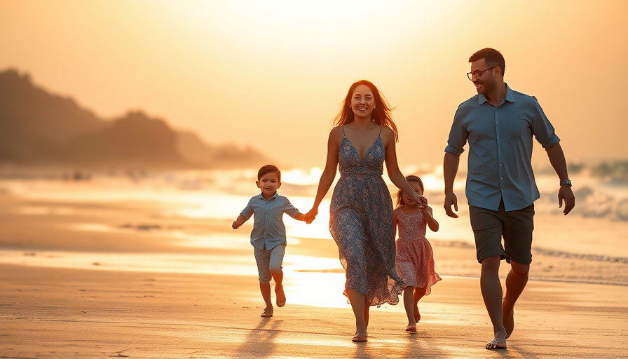Cinematic travel photography, a family happily walking on a beautiful beach in Da Nang, Vietnam, golden hour lighting, s