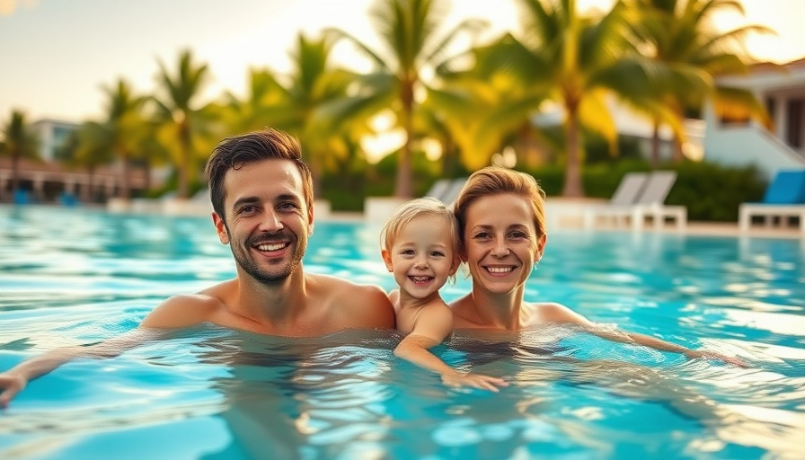 Cinematic travel photography, a family smiling while enjoying a pool at the PIC Resorts in Guam, sunny day, clear blue w