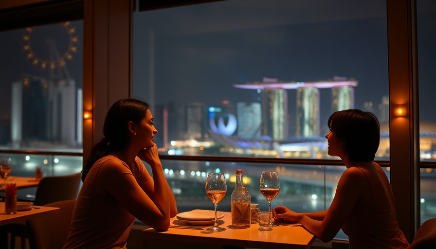 Fotografía de viajes cinematográfica, pareja disfrutando de una cena romántica en un restaurante con vista al horizonte de Singapur en