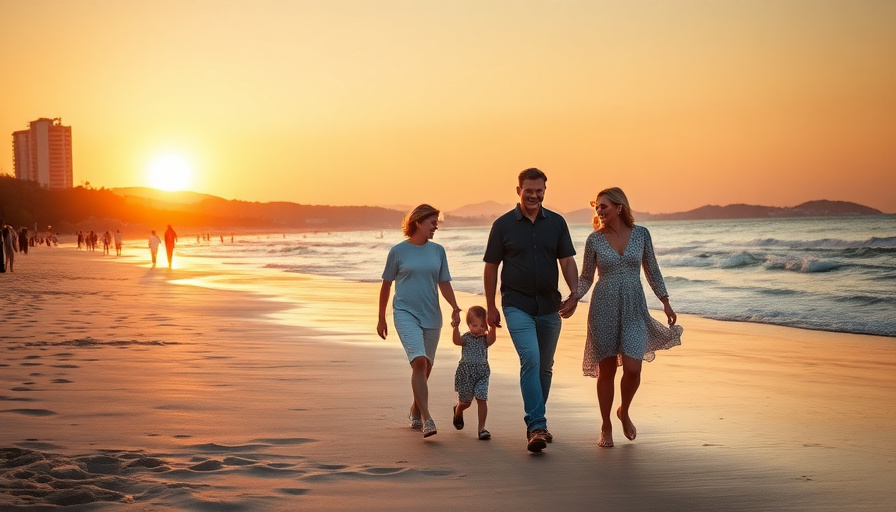 cinematic travel photography, family walking on Haeundae Beach at sunset, golden hour, happy atmosphere, photorealistic.