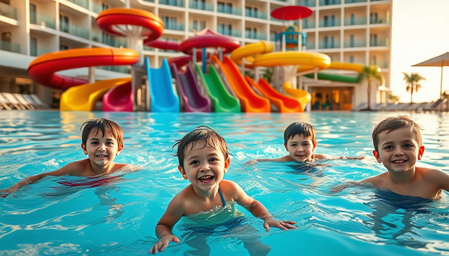cinematic travel photography, kids playing in a hotel pool with colorful water slides, bright and cheerful, natural colo