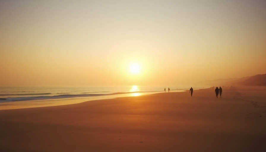 cinematic travel photography, a wide shot of Gangneung beach at sunrise, with a few people walking along the shore, gold