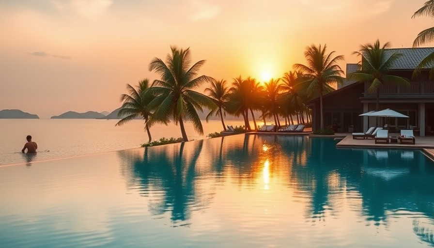 cinematic travel photography, a luxurious resort pool at sunset in Phu Quoc, clear turquoise water, palm trees, golden h