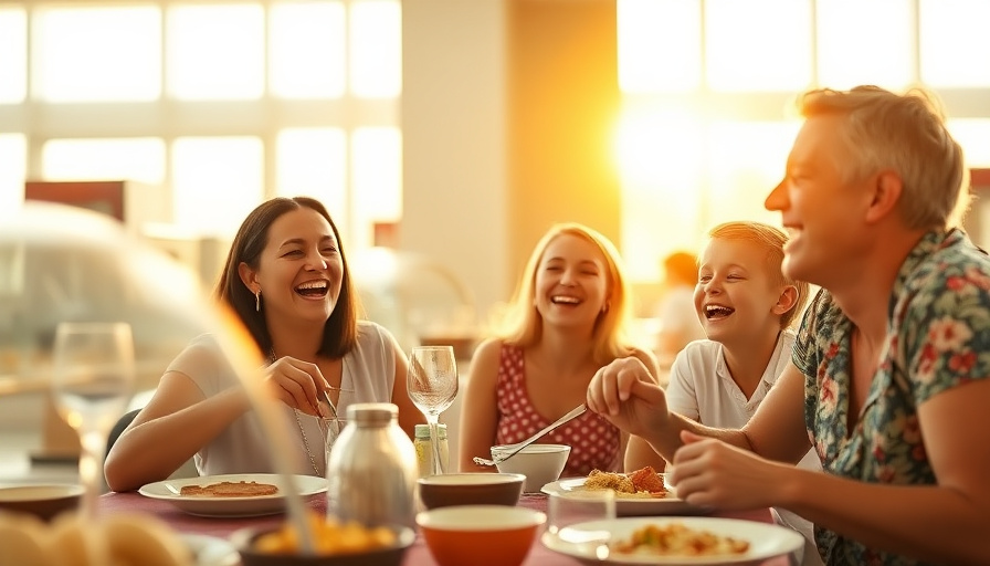 cinematic travel photography, a family laughing and enjoying breakfast at a hotel buffet, bright natural light, golden h