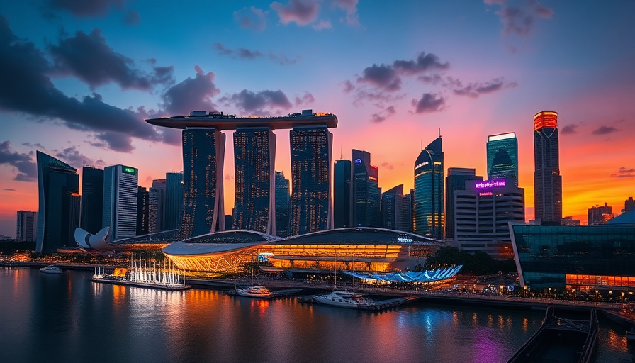 Fotografía de viajes cinematográfica, vibrante paisaje urbano de Singapur al atardecer, Marina Bay Sands iluminado, hora dorada, ligeramente