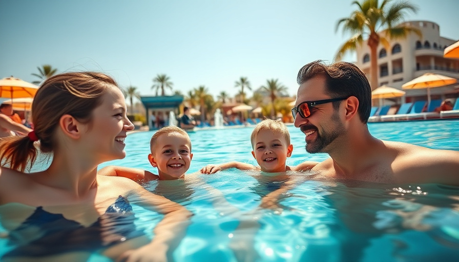 cinematic travel photography, family enjoying a pool at Paradise City, sunny day, vibrant colors, shallow depth of field