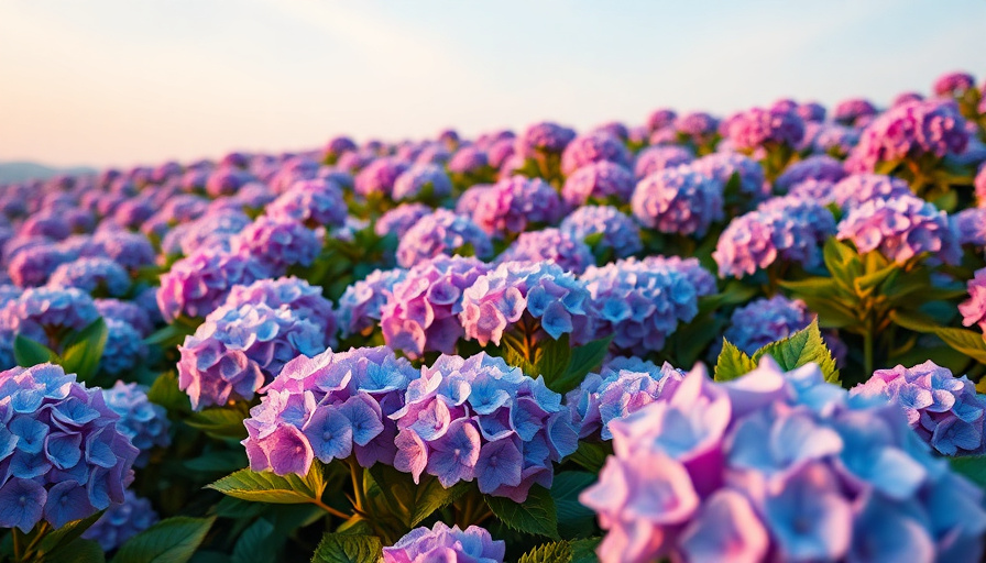 cinematic travel photography, a field of vibrant hydrangeas in full bloom against a soft blue sky, Jeju Island, golden h