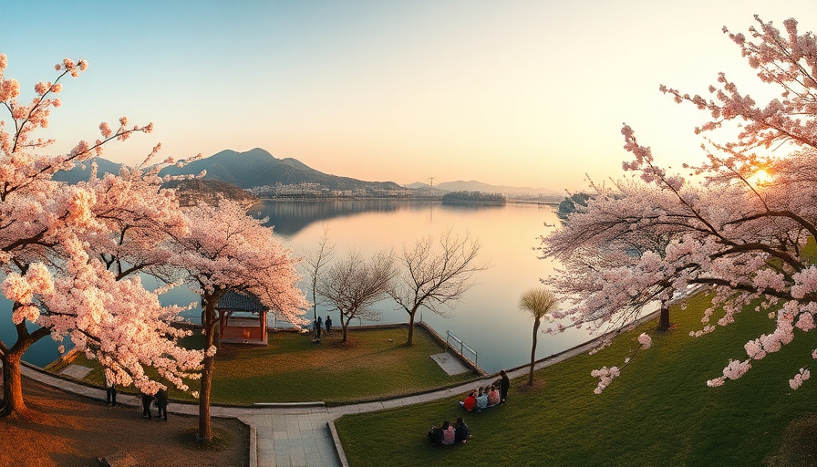 A panoramic view of Seoul's Seokchon Lake during cherry blossom season, with blooming pink flowers reflecting in the wat