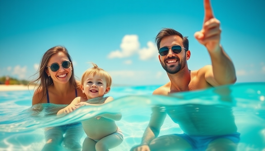 cinematic travel photography, family enjoying a beach vacation in Guam, clear blue water, sunny day, golden hour, happy 