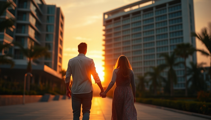 cinematic travel photography, a couple holding hands walking towards a modern hotel at sunset, 인천, golden hour, soft foc