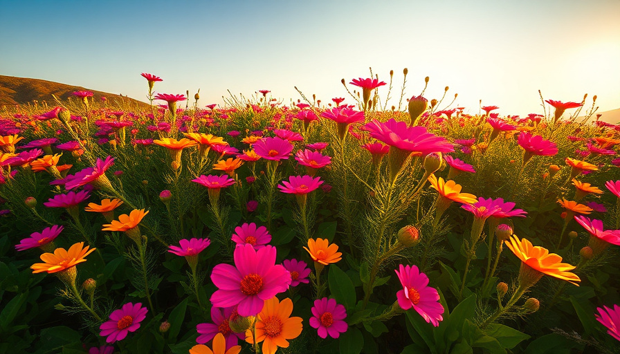cinematic travel photography, vibrant sugeuk flowers in Jeju Island, sunny day, golden hour, wide angle shot.