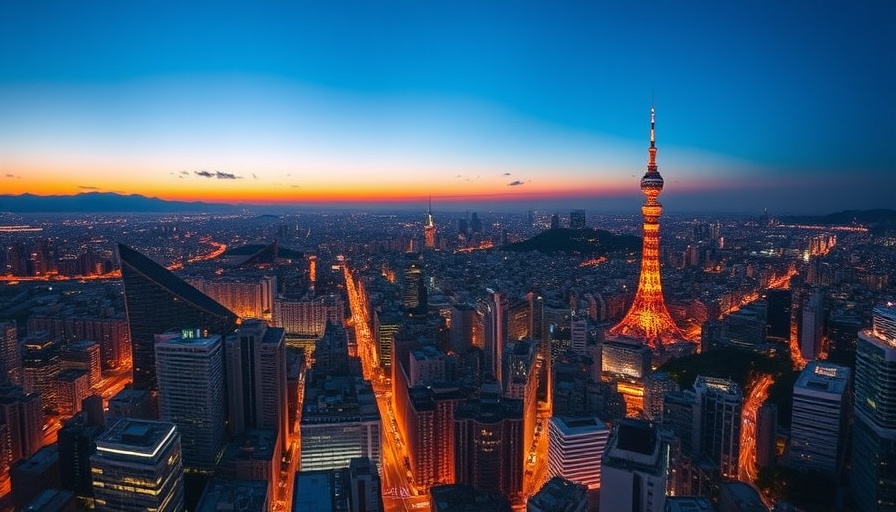 cinematic travel photography, a panoramic view of Seoul at dusk from the Lotte World Tower, with the city lights twinkli