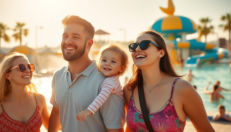 cinematic travel photography, family enjoying a day at Paradise City, bright sunny day, water park in the background, go