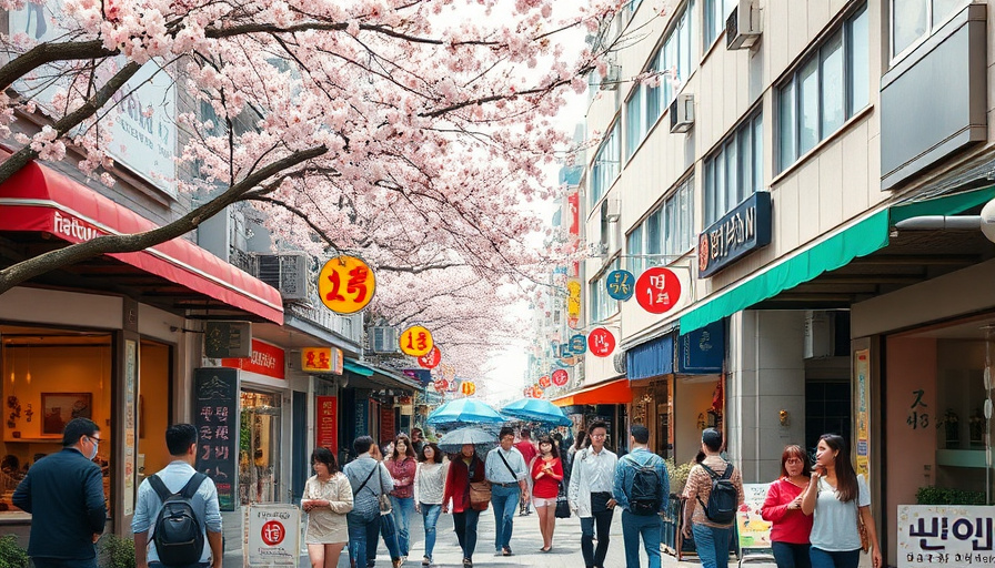 A bustling street scene in Seongsu-dong, with people strolling along a cafe street, colorful storefronts, and cherry blo