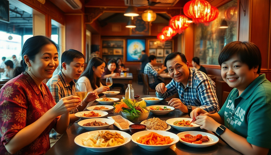 cinematic travel photography, a family enjoying a delicious Vietnamese meal at a restaurant in Da Nang, colorful dishes,
