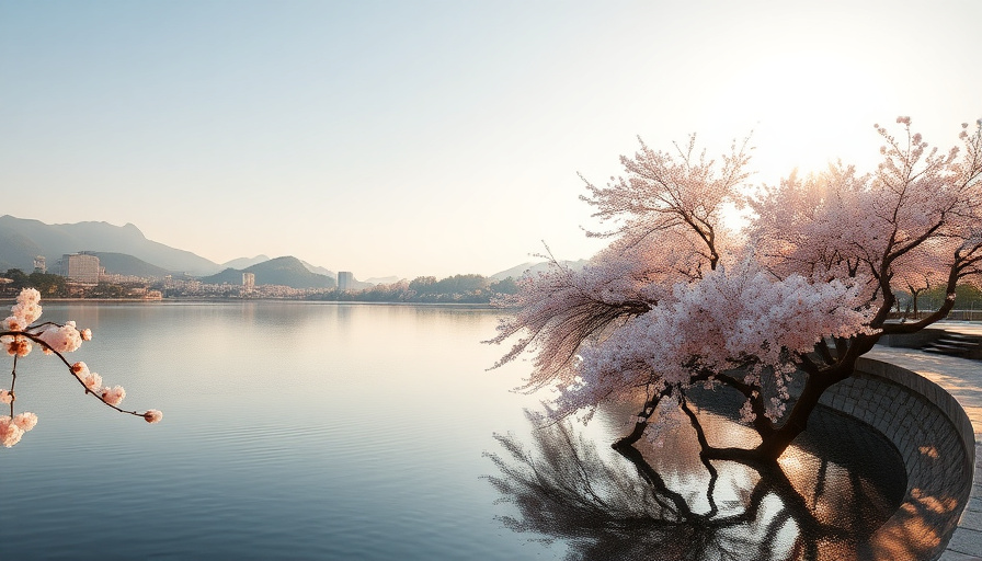cinematic travel photography, cherry blossoms in full bloom along the Bomun Lake, soft sunlight, reflections in the wate