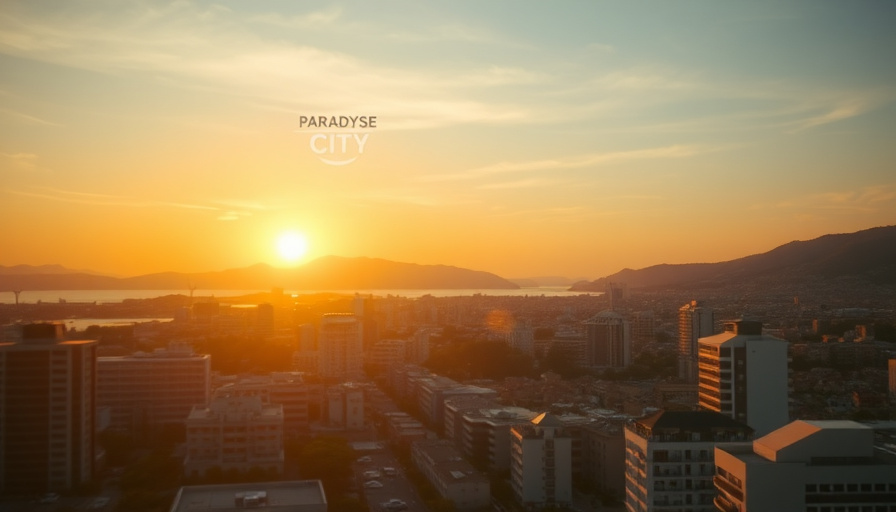 cinematic travel photography, a vibrant cityscape at sunset, with the Paradyse City logo subtly visible in the distance.