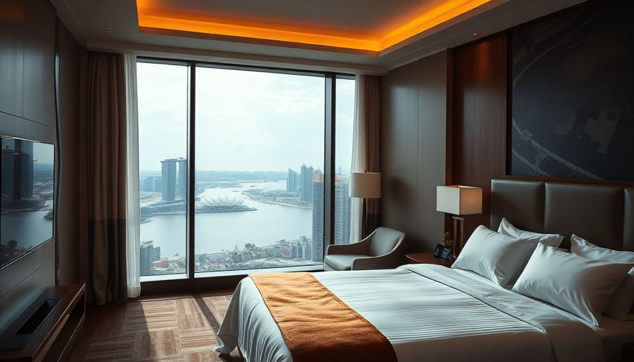 Fotografía de viajes cinematográfica, lujosa habitación de hotel con vistas a Marina Bay, cama cómoda, diseño moderno, luz natural