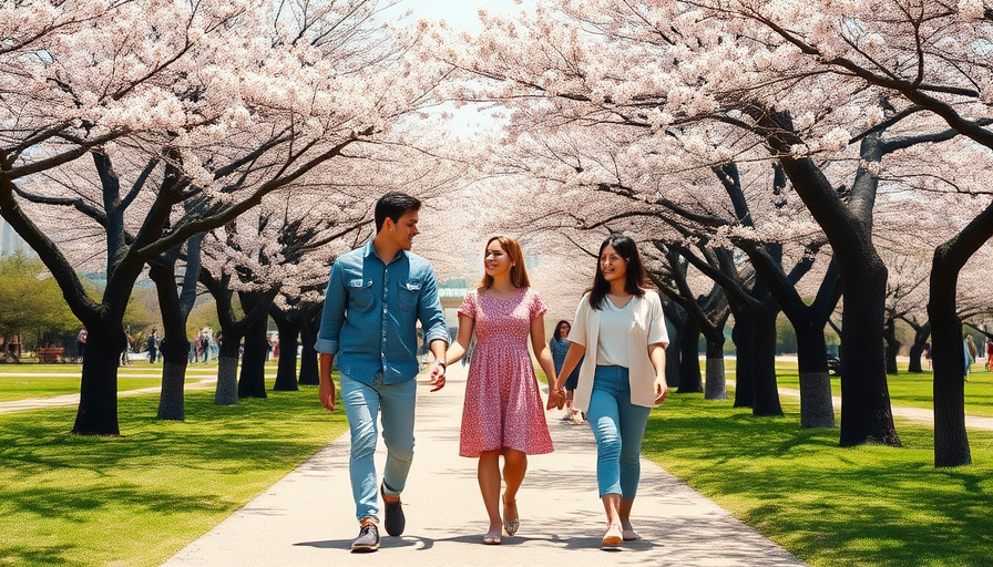 cinematic travel photography, a family walking hand-in-hand through a park filled with cherry blossom trees, joyful expr