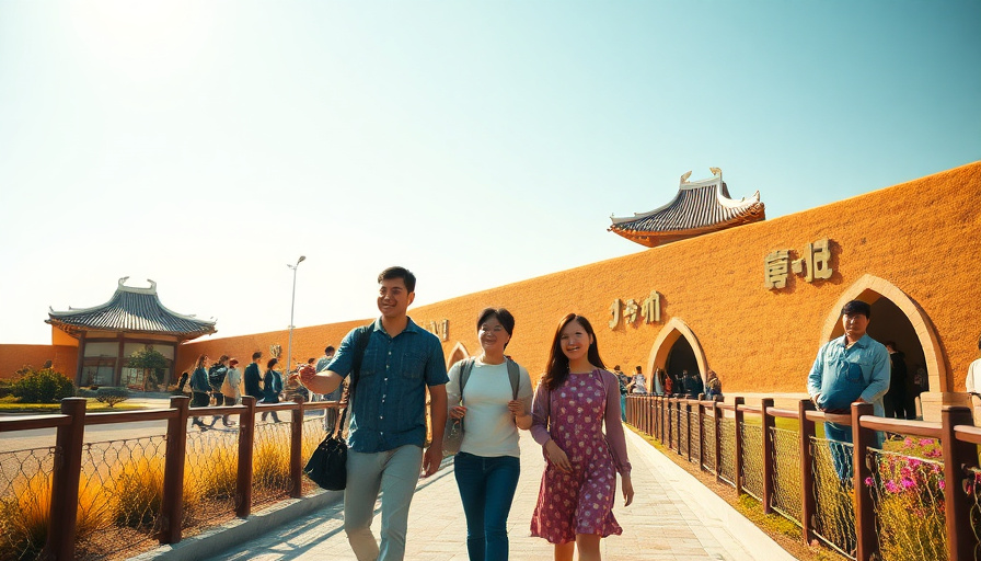cinematic travel photography, family walking at Jeju Shinhwa World, sunny day, happy atmosphere, wide shot.