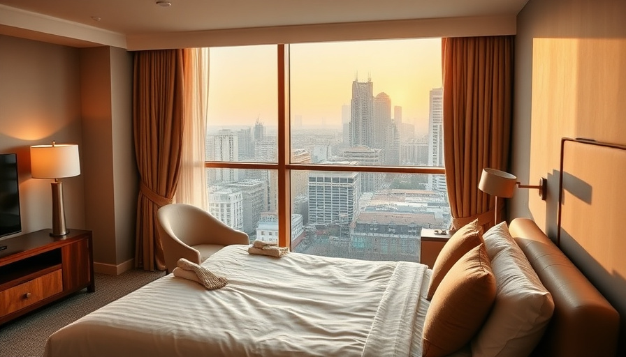 a person relaxing in a hotel room with a balcony overlooking the city, soft natural light, comfortable furniture, serene