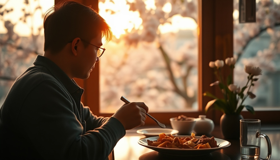 cinematic travel photography, a person enjoying a meal with cherry blossoms visible through the window, warm and invitin