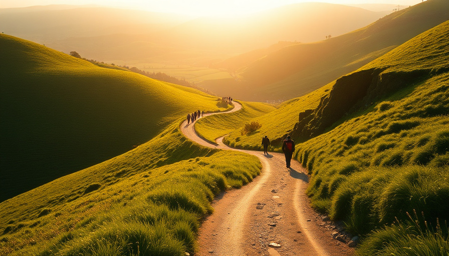 Cinematic travel photography, a wide shot of the Camino de Santiago trail winding through a lush green landscape, with p