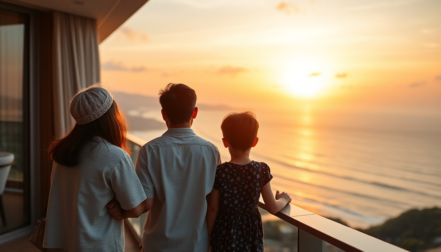 cinematic travel photography, family enjoying a sunset view from a hotel balcony overlooking the ocean in Jeju, warm col