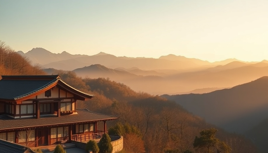 cinematic travel photography, a serene view of Hakone mountains with a traditional ryokan in the foreground, golden hour