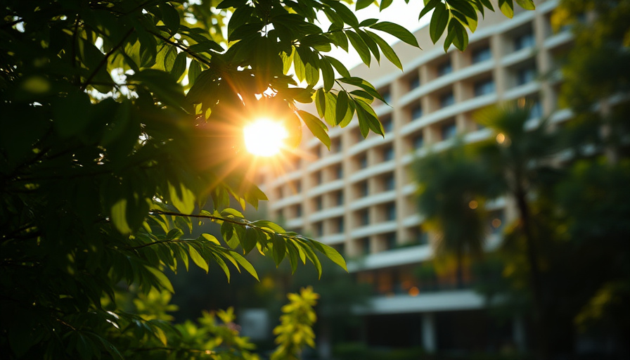 cinematic travel photography, lush green forest, sunlight filtering through leaves, blurred background of a modern hotel