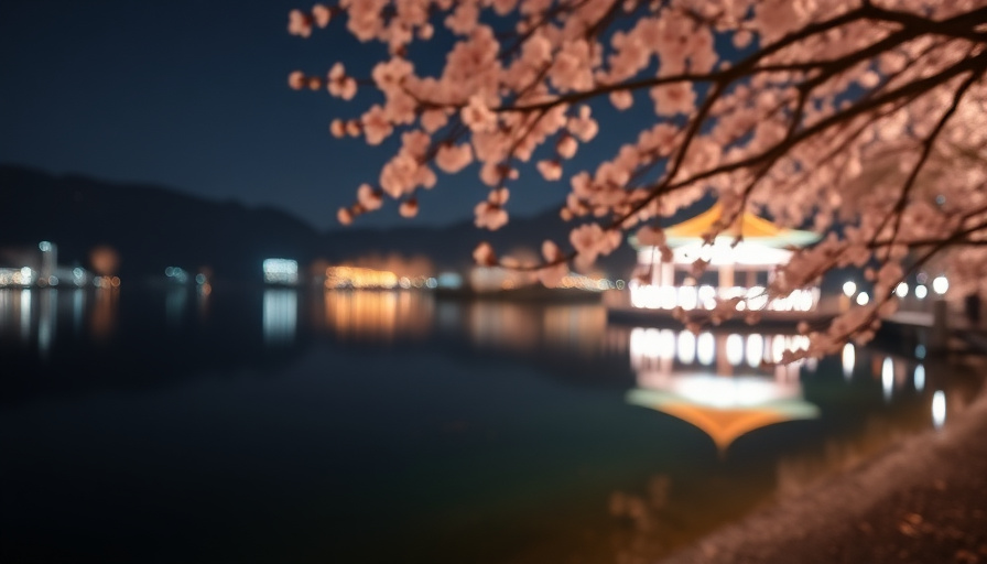 night view of the Bomun Lake with cherry blossoms lit up, reflecting in the water, soft bokeh, romantic atmosphere, cine