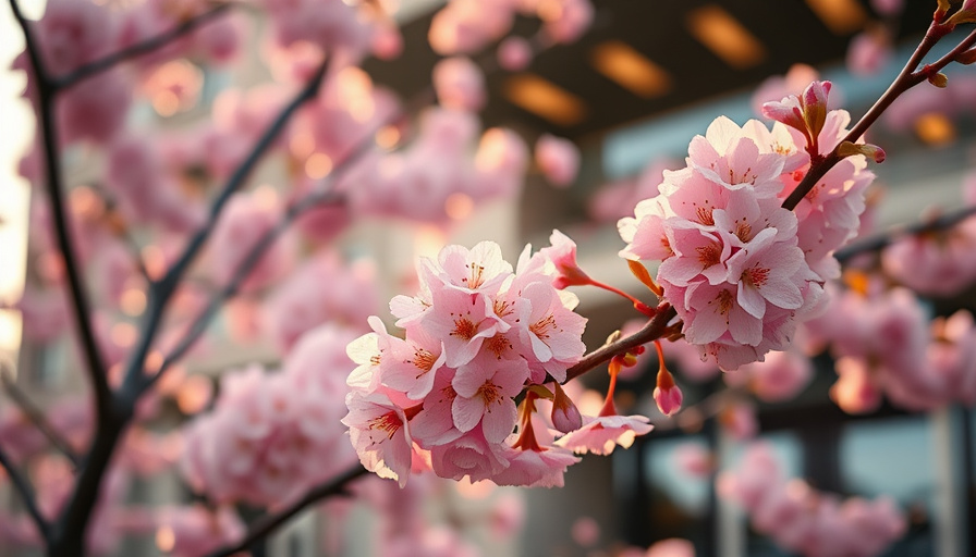 Cinematic travel photography, a vibrant scene of cherry blossoms in full bloom at the Warkerhill Seoul hotel, soft focus
