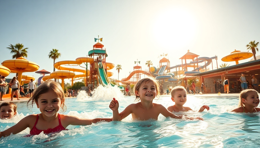cinematic travel photography, bright sunny day, waterpark, family enjoying themselves, golden hour. No text, no logos, n