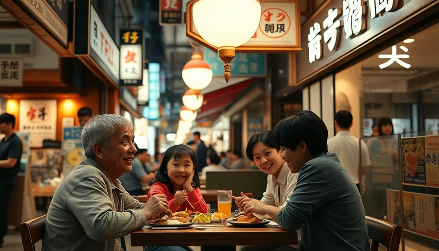 Fotografía de viajes cinematográfica, una familia disfrutando de una comida en un restaurante cerca de la estación de Hakata, ambiente alegre, iluminado