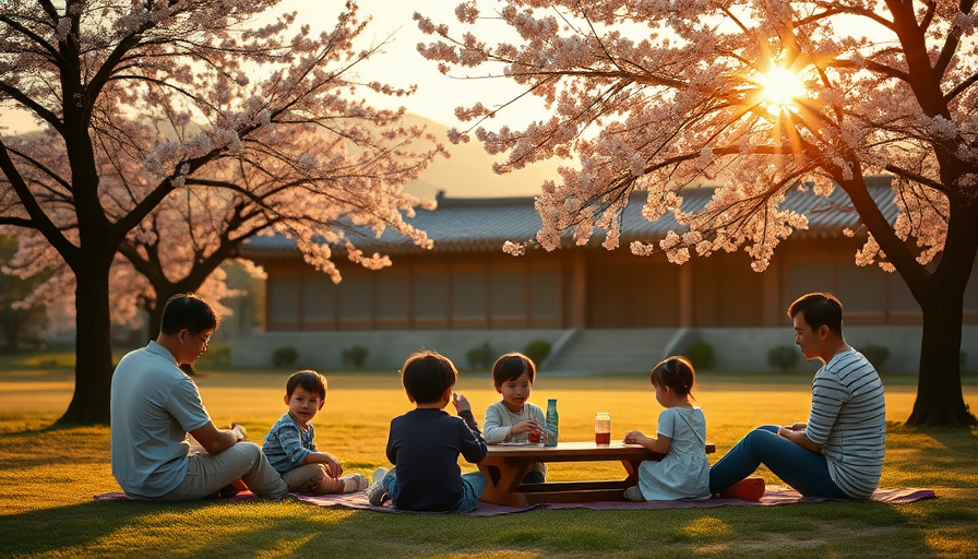 a family enjoying a picnic under cherry blossom trees in Gyeongju, children playing, parents relaxing, traditional Korea
