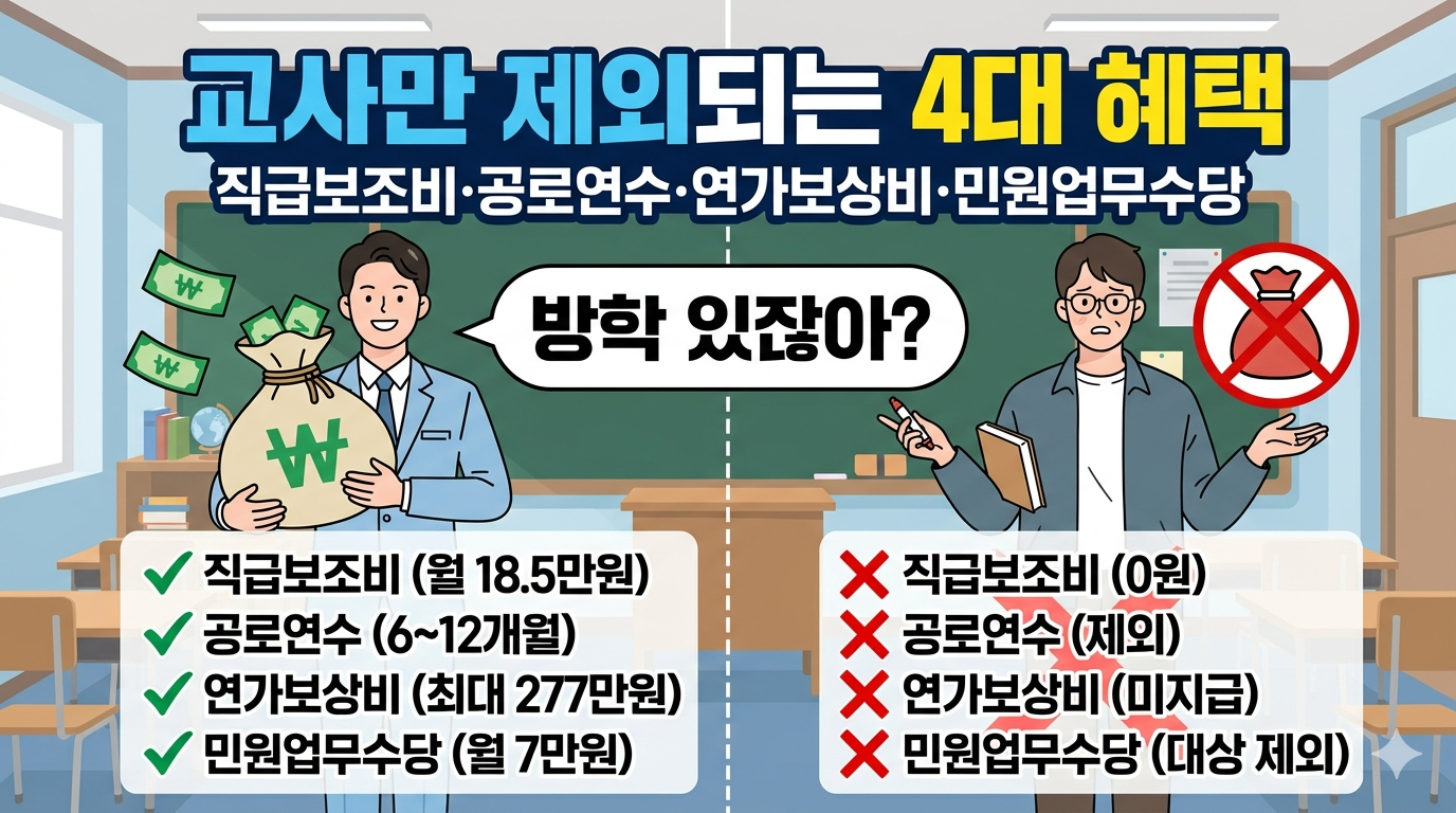 교사만 제외되는 4대 혜택 - 직급보조비, 공로연수, 연가보상비, 민원업무수당