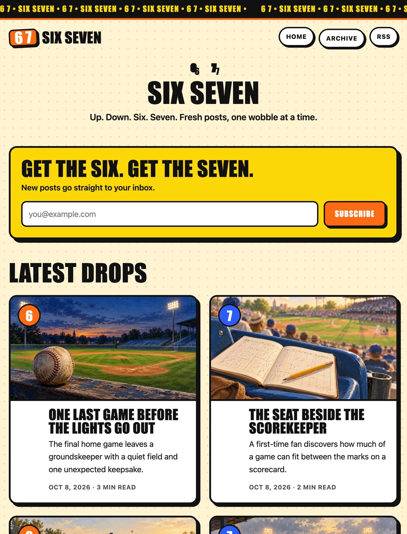 A bold blog called Six Seven with condensed uppercase headlines, a yellow subscribe box, and numbered post cards