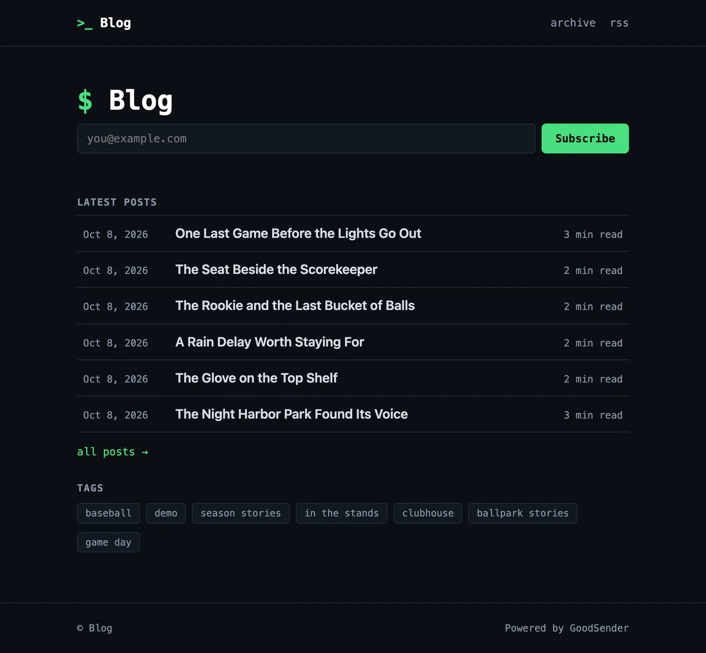 A dark, terminal-style blog landing page with a green Subscribe button, a dated list of six posts, and tag chips