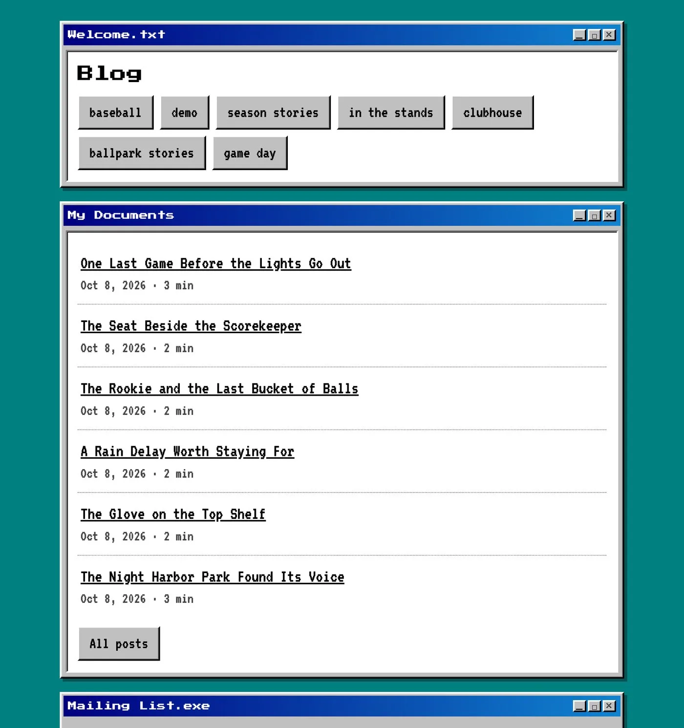 A retro blog styled like an old desktop, with the tags, post list, and subscribe form shown in separate windows
