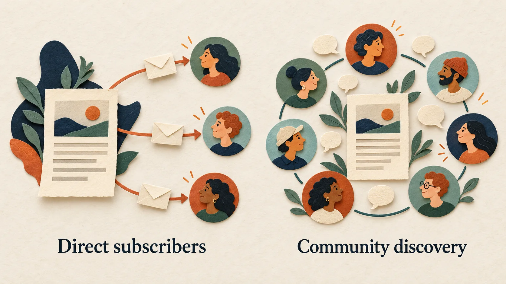 Paper-cut illustration comparing direct newsletter paths to individual subscribers with readers discovering and discussing an article in a community.