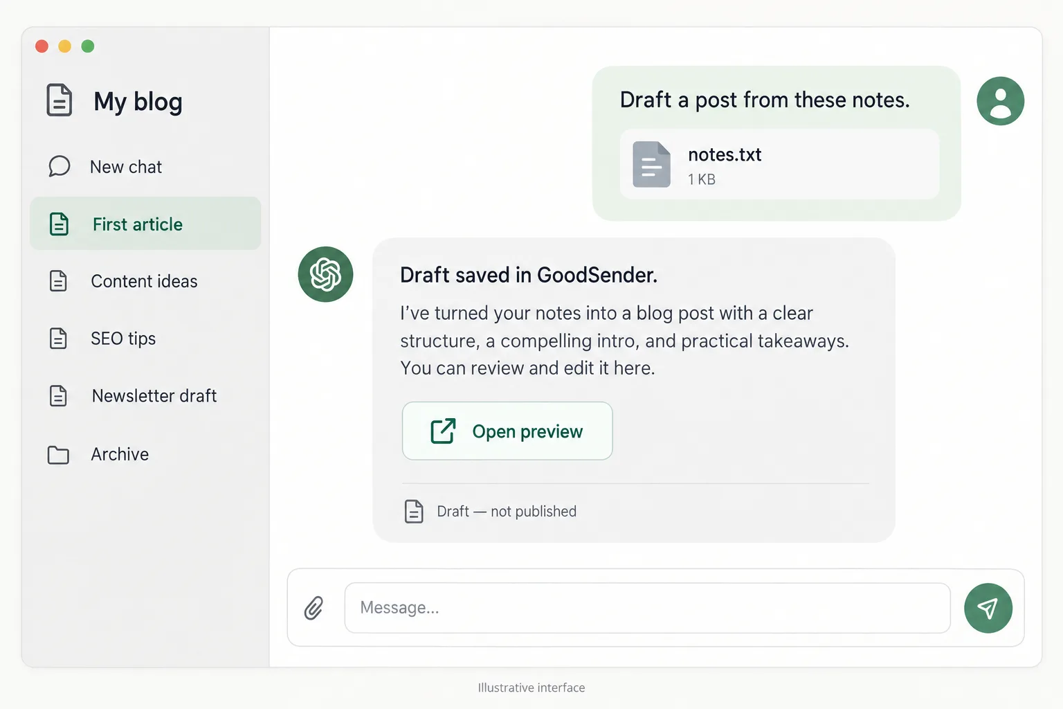 Illustrative conversation saving notes as a draft and offering a preview link