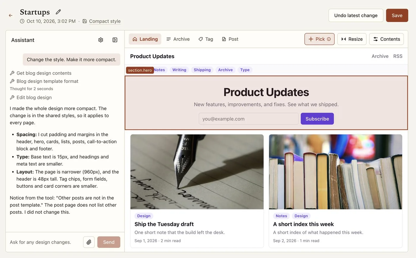 The GoodSender design editor: the assistant chat on the left after a request to make the style more compact, and the landing page preview on the right with the hero section picked
