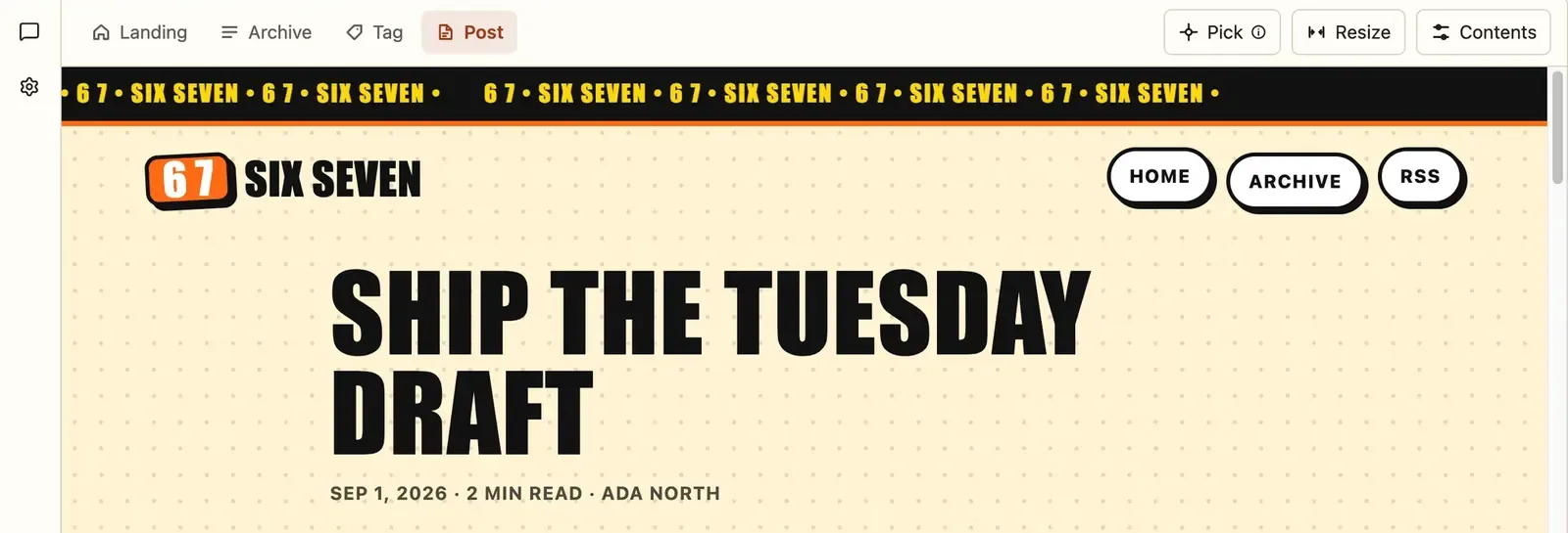 GoodSender's AI design editor showing a bold yellow-and-black blog design with the post title Ship the Tuesday Draft.