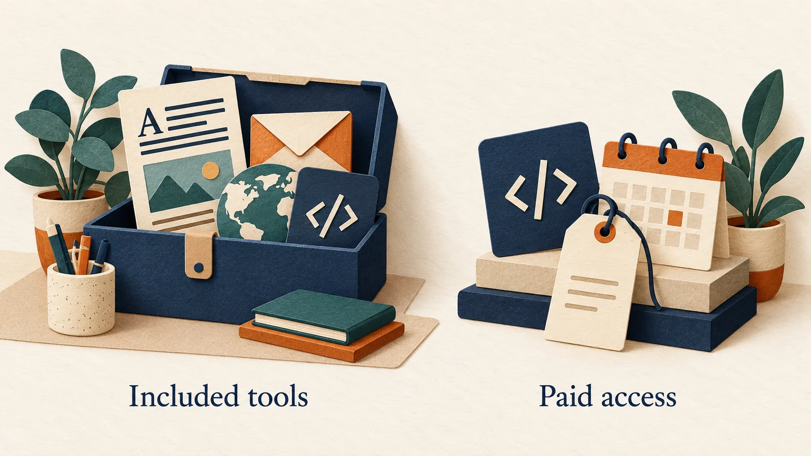 Paper-cut illustration of an open publishing toolbox beside code and calendar cards carrying a price tag, labeled Included tools and Paid access.