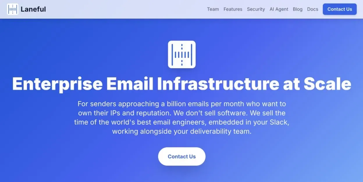 Laneful homepage showing its logo and the headline Enterprise Email Infrastructure at Scale.